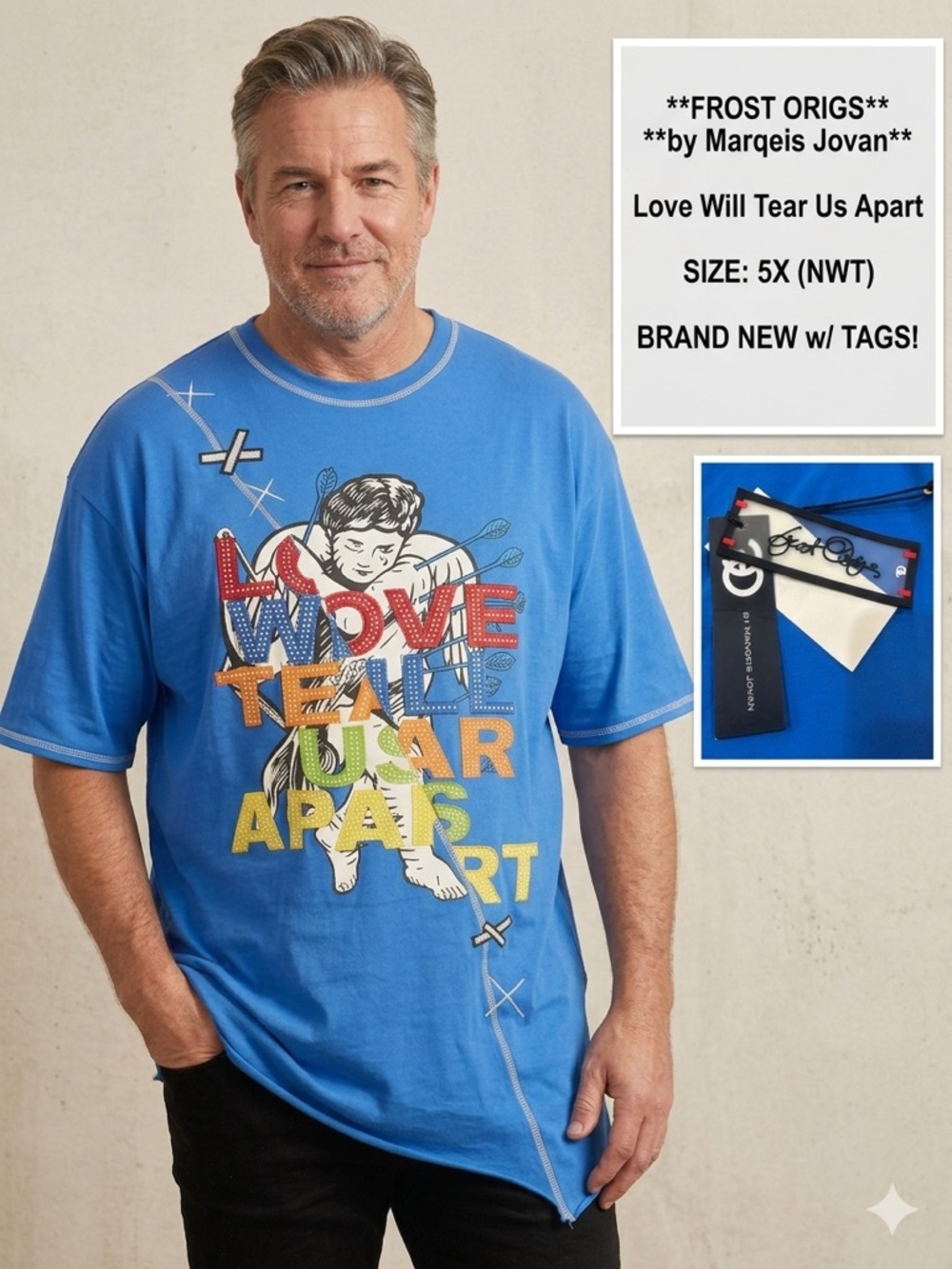 Frost Origs by Marqeis Jovan Blue Graphic Tee - 'Love Will Tear Us Apart' SZ 5XB